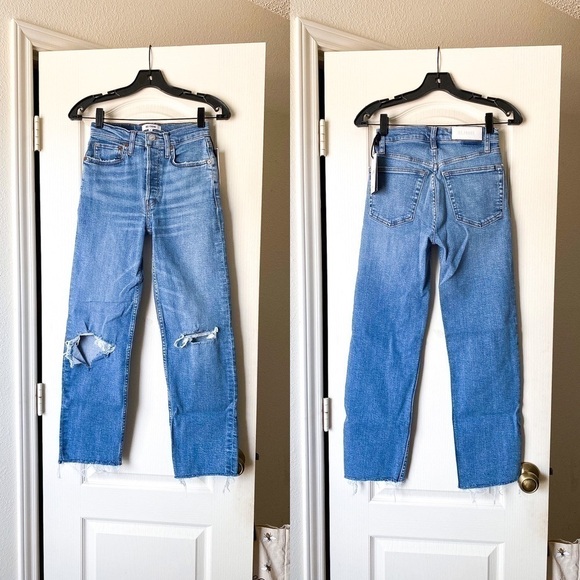 RE/DONE Jeans 70s Stove Pipe High-Rise Distressed Crop Destroyed Dawn 25 NWT - Picture 2 of 8